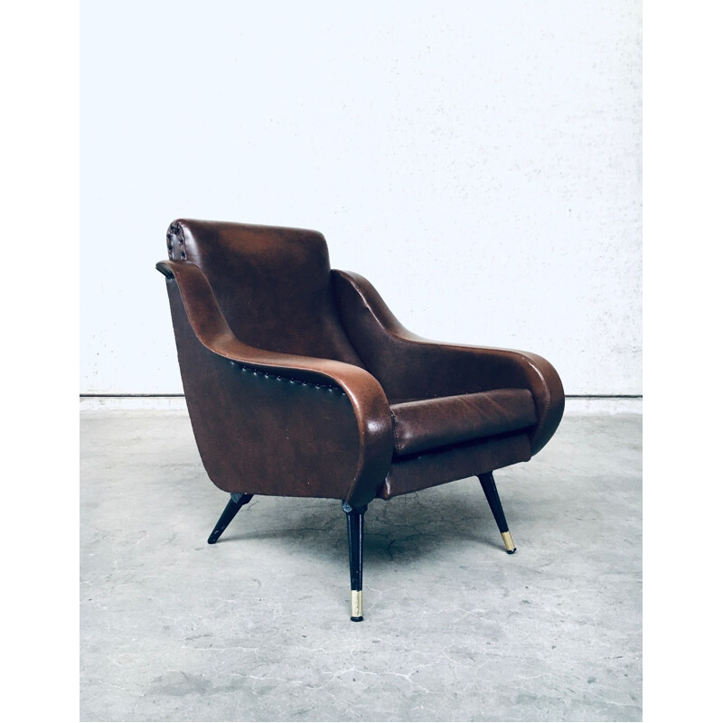 Paire de fauteuils vintage en cuir brun, 1950
