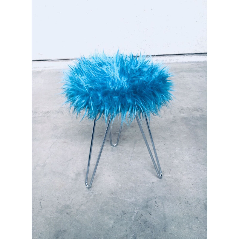 Vintage Funky electric blue hairy tripod stool, 1960s