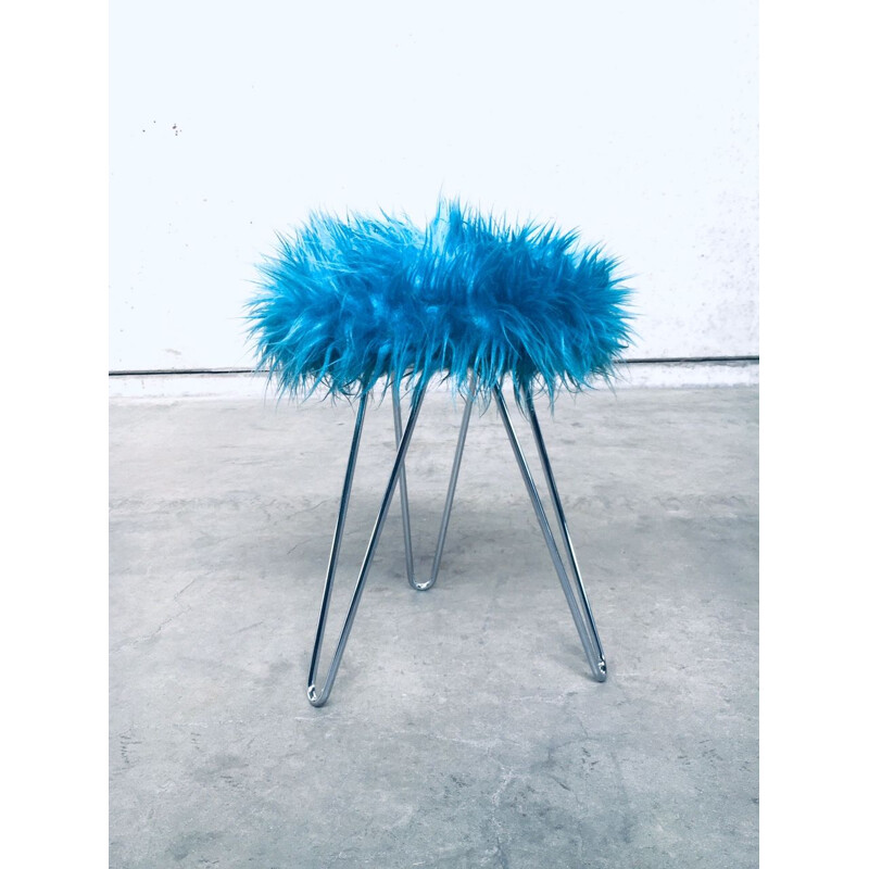 Vintage Funky electric blue hairy tripod stool, 1960s