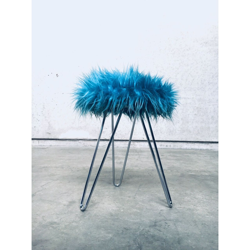 Vintage Funky electric blue hairy tripod stool, 1960s