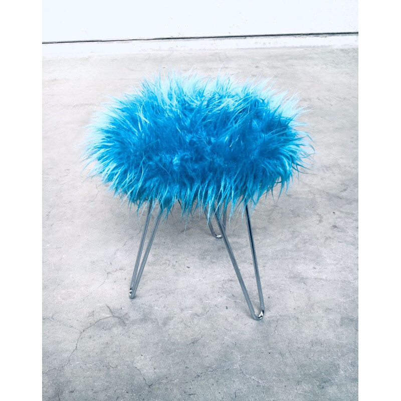 Vintage Funky electric blue hairy tripod stool, 1960s