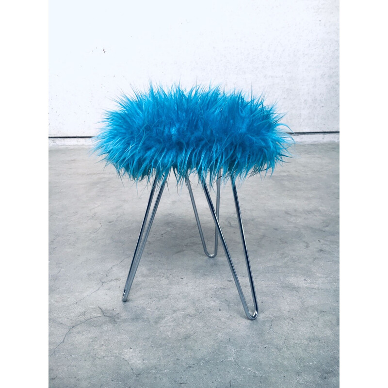 Vintage Funky electric blue hairy tripod stool, 1960s