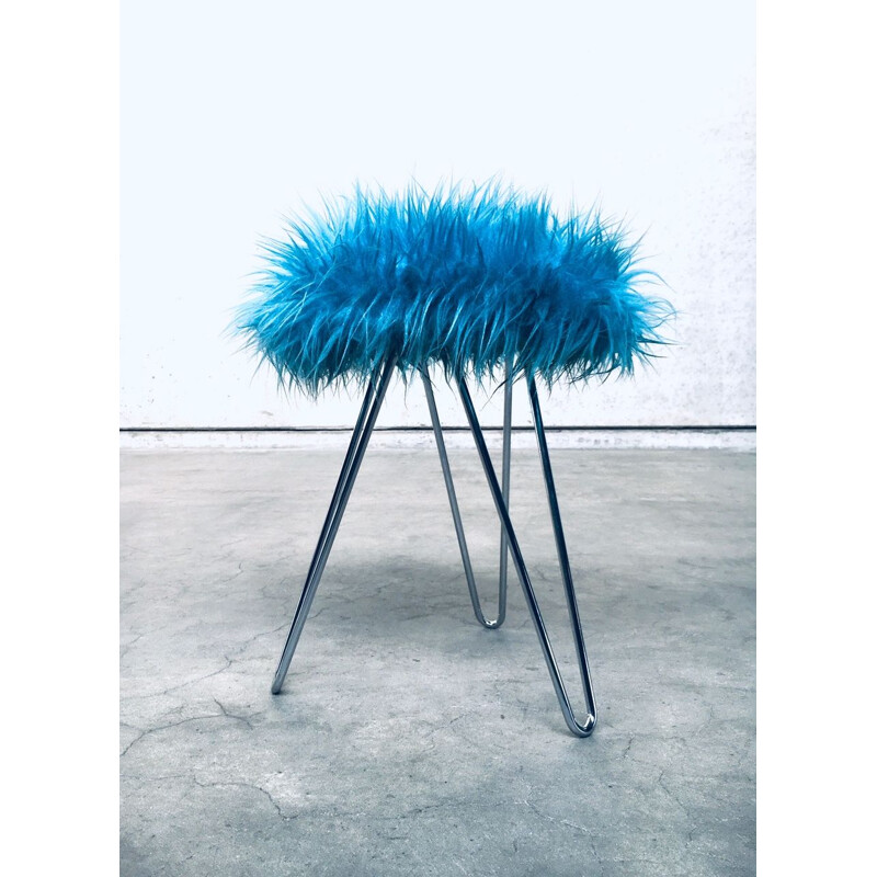 Vintage Funky electric blue hairy tripod stool, 1960s