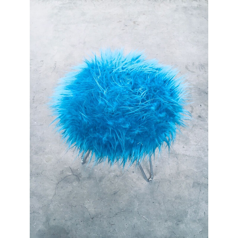 Vintage Funky electric blue hairy tripod stool, 1960s