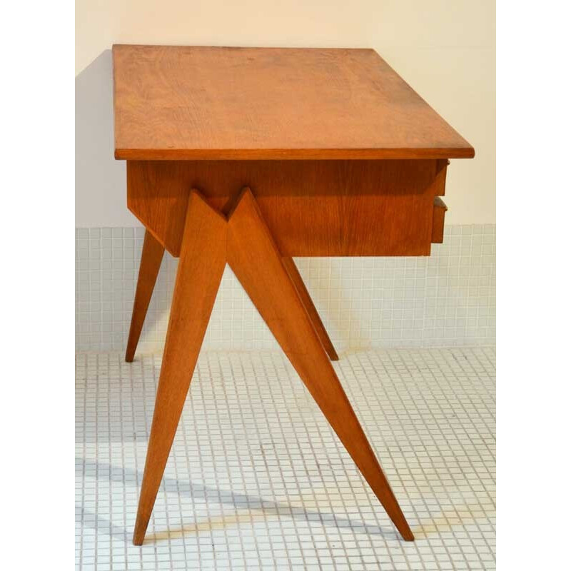 Bureau vintage Gaspar en bois avec pieds compas - 1950