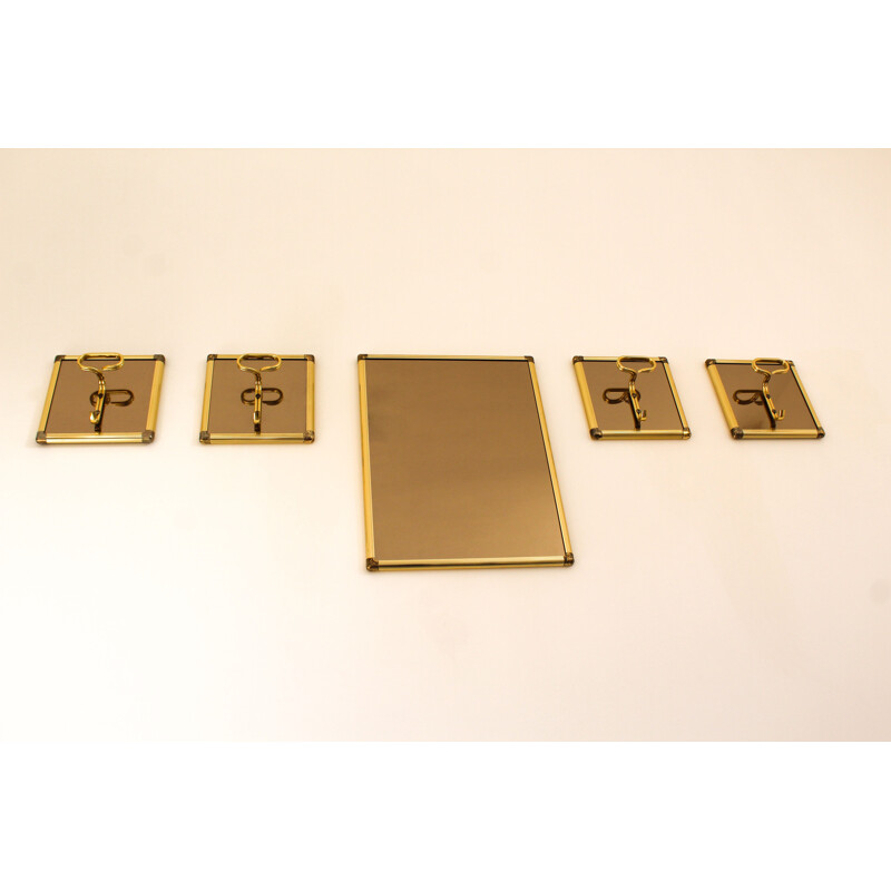 Vintage smoked glass mirror with 4 brass hangers, Italy 1970s