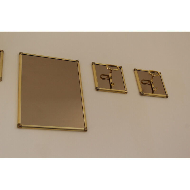 Vintage smoked glass mirror with 4 brass hangers, Italy 1970s
