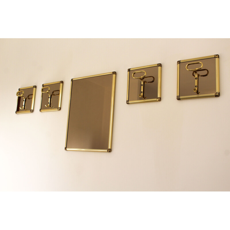 Vintage smoked glass mirror with 4 brass hangers, Italy 1970s