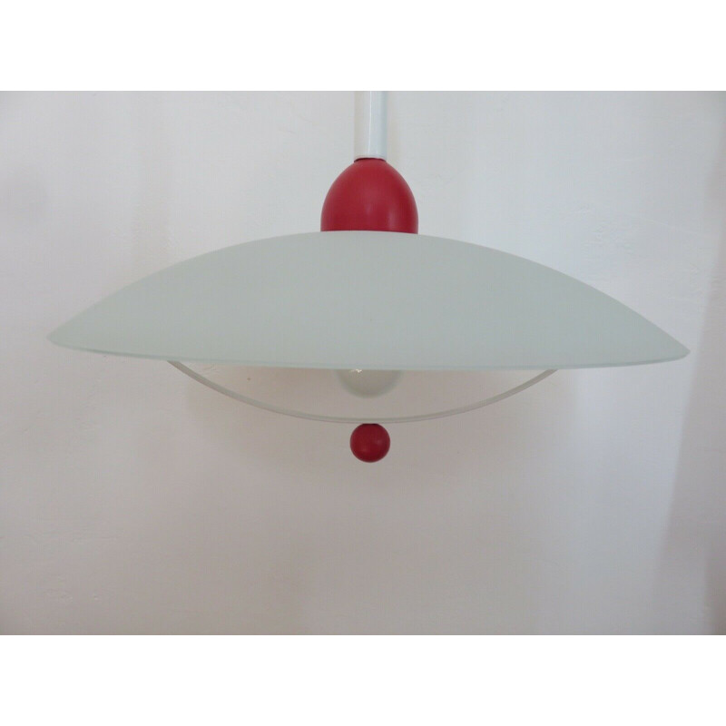 Vintage frosted glass and red lacquered wood pendant lamp, 1980
