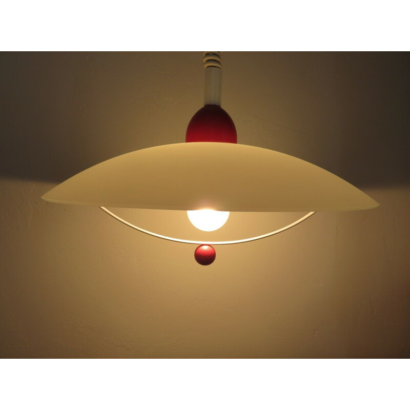 Vintage frosted glass and red lacquered wood pendant lamp, 1980