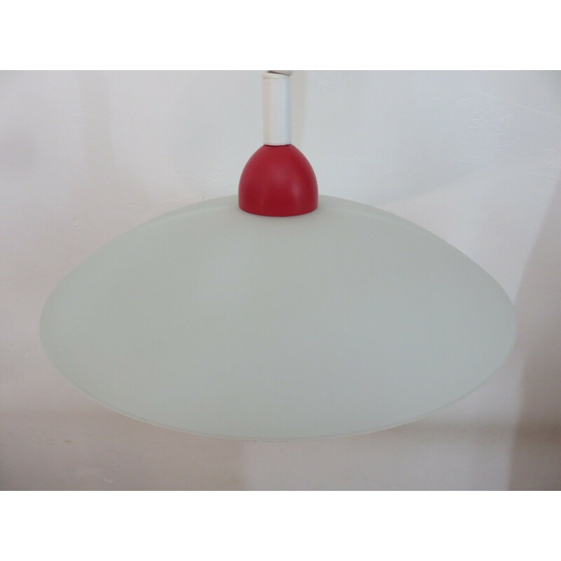 Suspension vintage en verre dépoli et bois laqué rouge, 1980