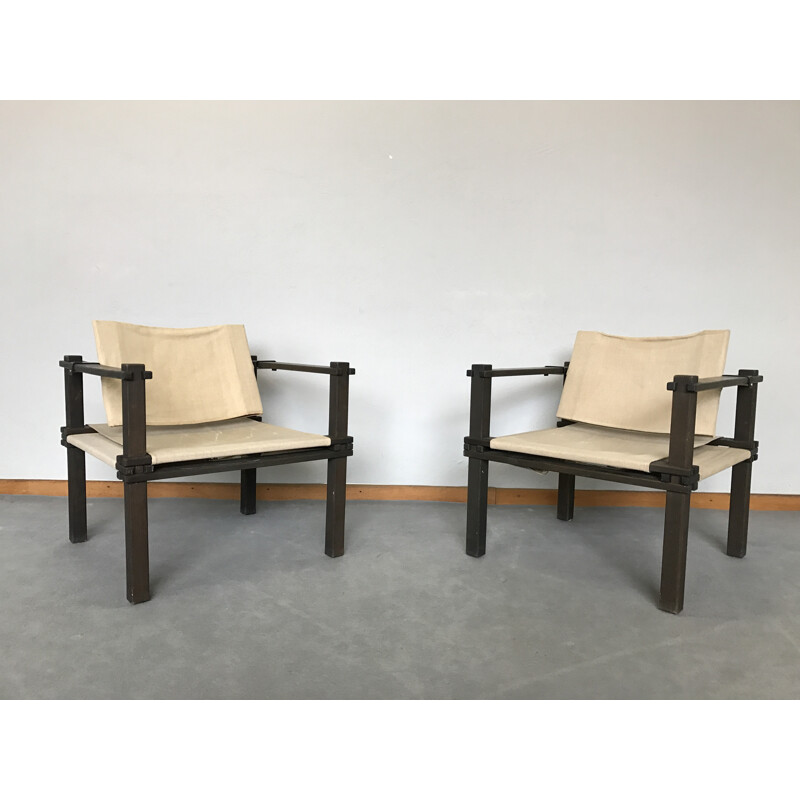 Paire de fauteuils "Safari" Bofinger en hêtre et lin, Gerd LANGE - 1960