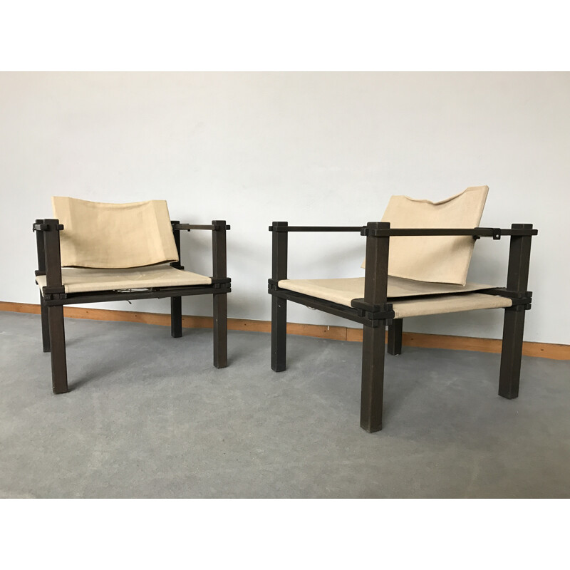 Pair of Bofinger "Safari" armchairs in beech and linen, Gerd LANGE - 1960s