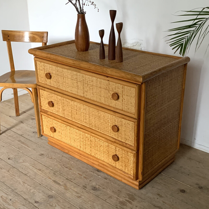 Vintage rattan and bamboo chest of drawers for Roche Bobois, 1980