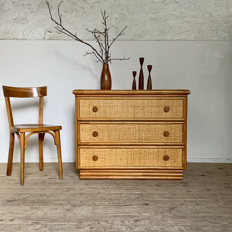 Vintage rattan and bamboo chest of drawers for Roche Bobois, 1980