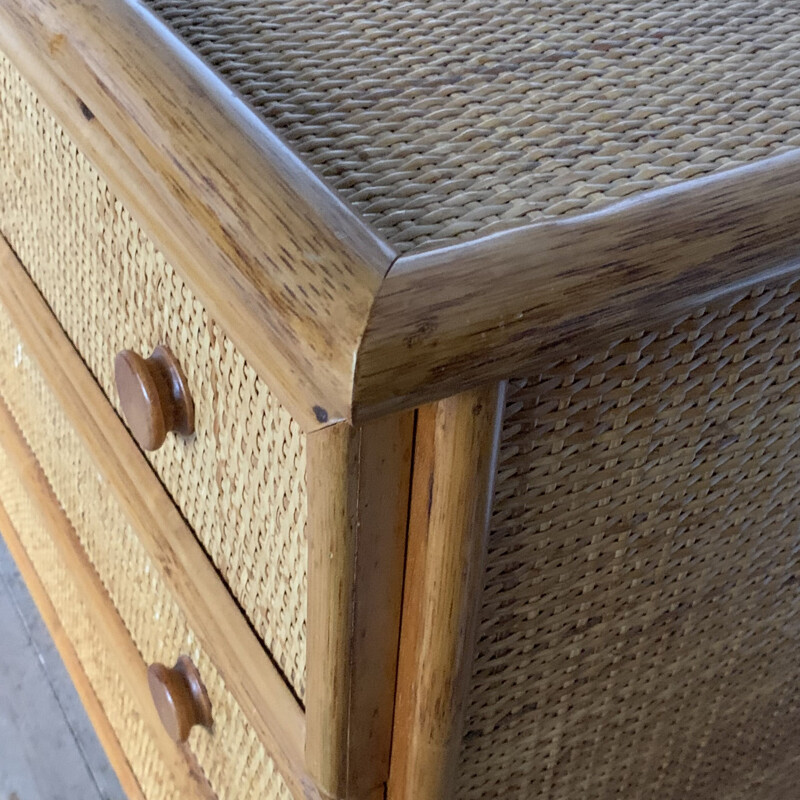 Vintage rattan and bamboo chest of drawers for Roche Bobois, 1980