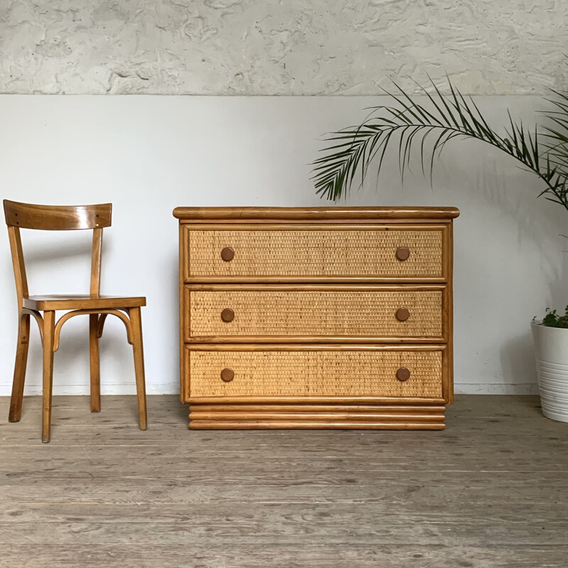 Vintage rattan and bamboo chest of drawers for Roche Bobois, 1980