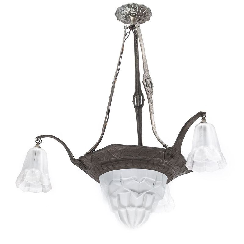 Vintage art deco pâte de verre chandelier by Degué, 1930