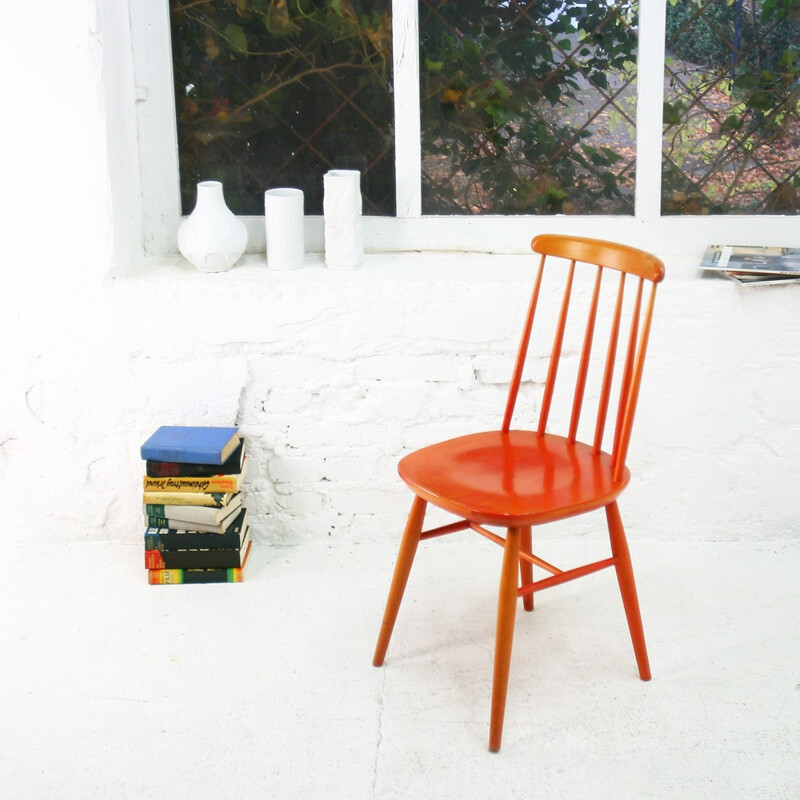 Bistrot vintage chair in orange lacquered wood - 1950s