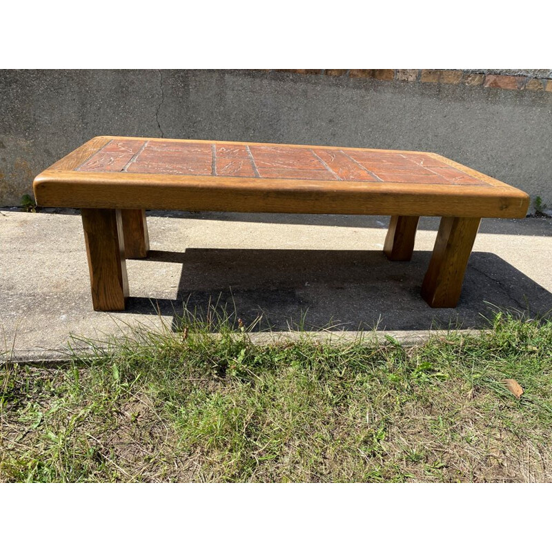 Vintage herbarium coffee table in solid oakwood and ceramic, 1950