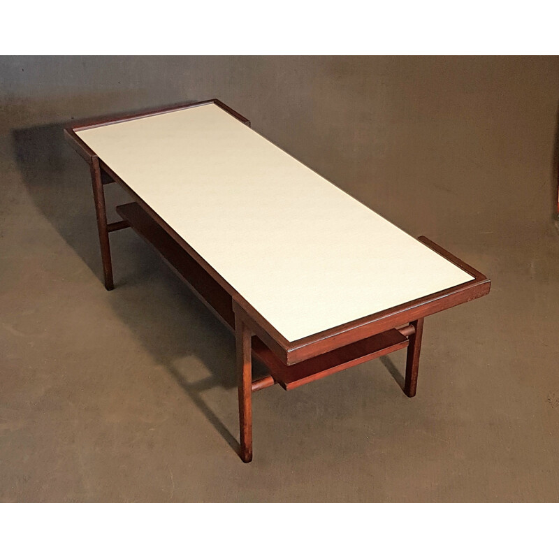 Table basse scandinave vintage avec plateau réversible en teck laminé et formica blanc texturé