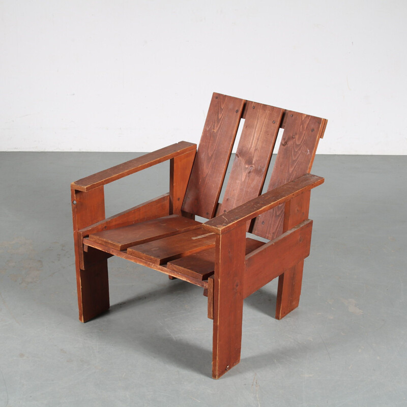Vintage pine wooden "Crate" armchair, Netherlands 1960s