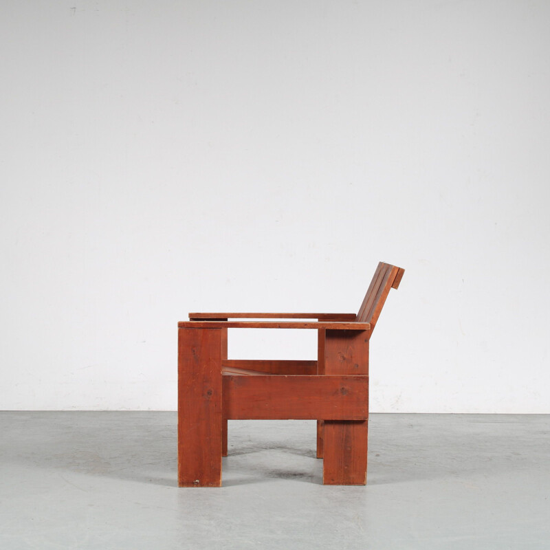 Vintage pine wooden "Crate" armchair, Netherlands 1960s