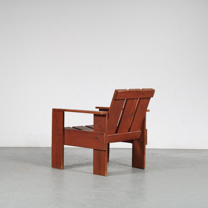 Vintage pine wooden "Crate" armchair, Netherlands 1960s