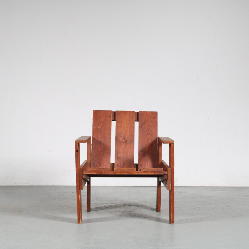 Vintage pine wooden "Crate" armchair, Netherlands 1960s