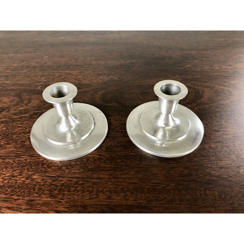 Pair of vintage art deco pewter candle holders by Just Andersen, Denmark 1930