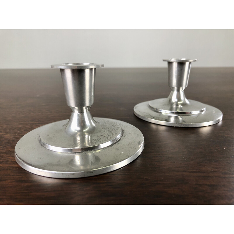 Pair of vintage art deco pewter candle holders by Just Andersen, Denmark 1930