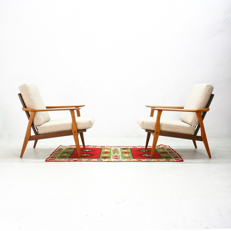 Easy chair in teak and beige fabric - 1960s