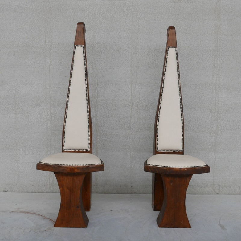 Pair of vintage leather and wood occasional folk chairs, Holland 1970s