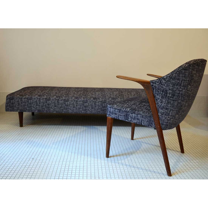 Ensemble de banquette et fauteuil scandinave en tissu noir - 1950