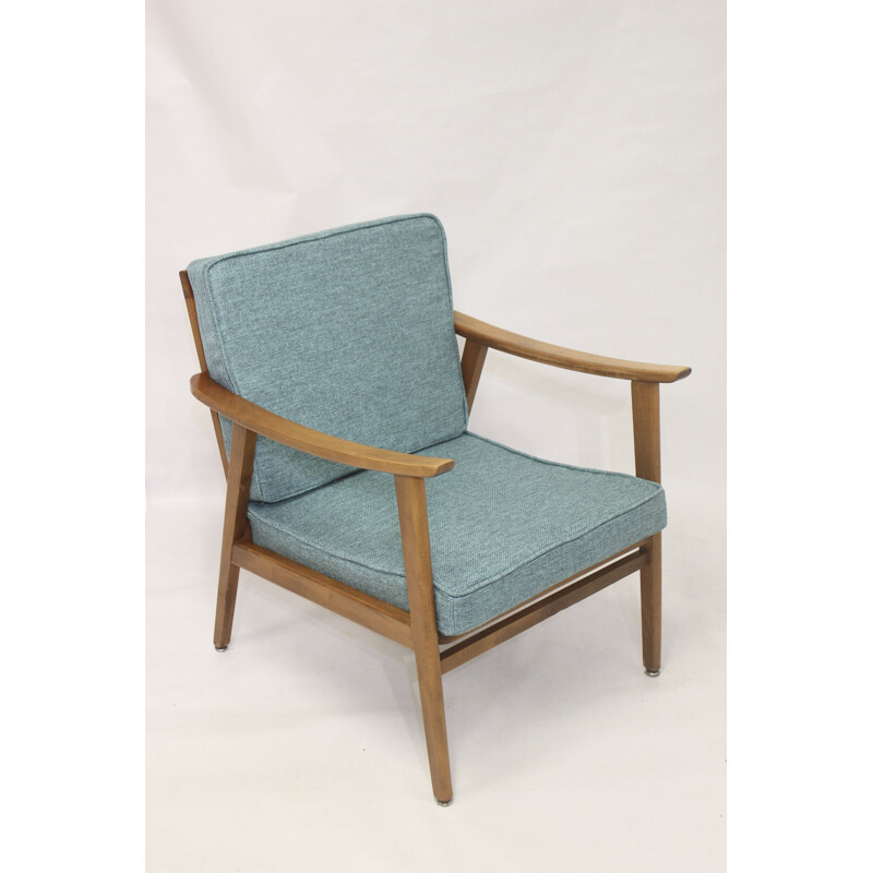 Fauteuil scandinave vintage en hêtre et tissu bleu, 1960