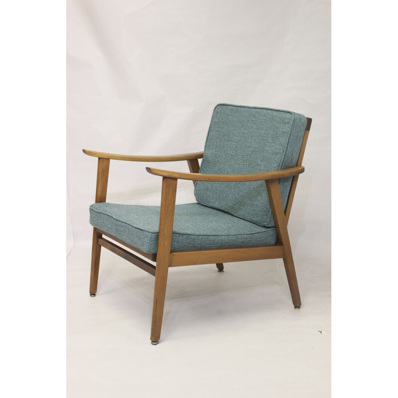 Fauteuil scandinave vintage en hêtre et tissu bleu, 1960