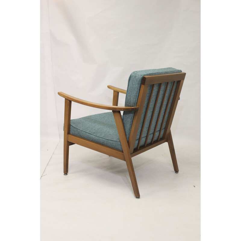 Fauteuil scandinave vintage en hêtre et tissu bleu, 1960