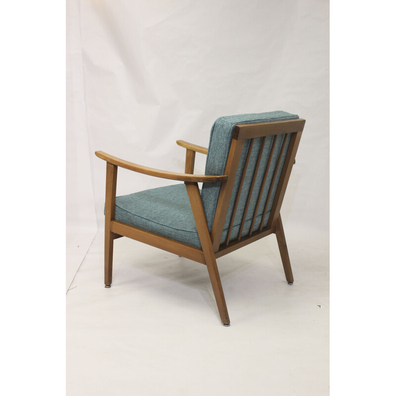 Scandinavian vintage beechwood and blue fabric armchair, 1960
