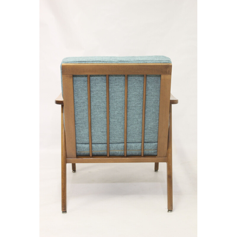 Scandinavian vintage beechwood and blue fabric armchair, 1960