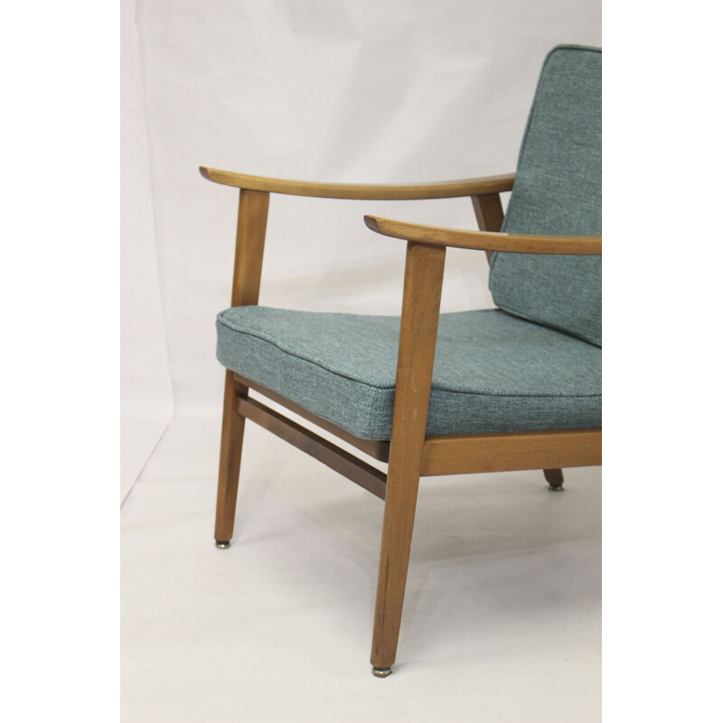 Scandinavian vintage beechwood and blue fabric armchair, 1960