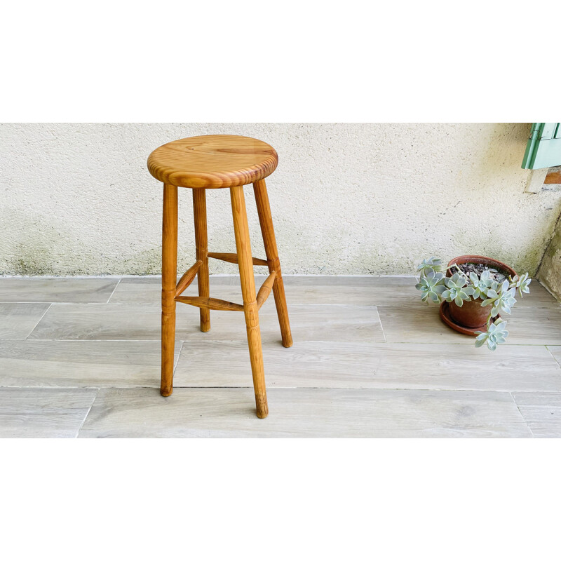 Vintage high stool in turned wood, 1970-1980