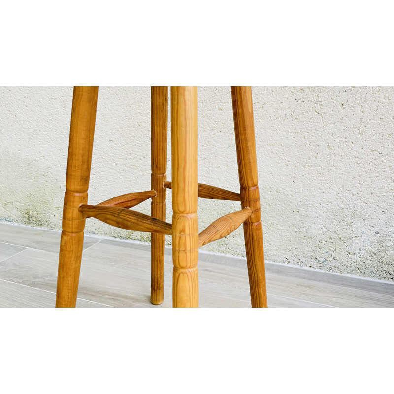 Tabouret haut vintage en bois tourné, 1970-1980