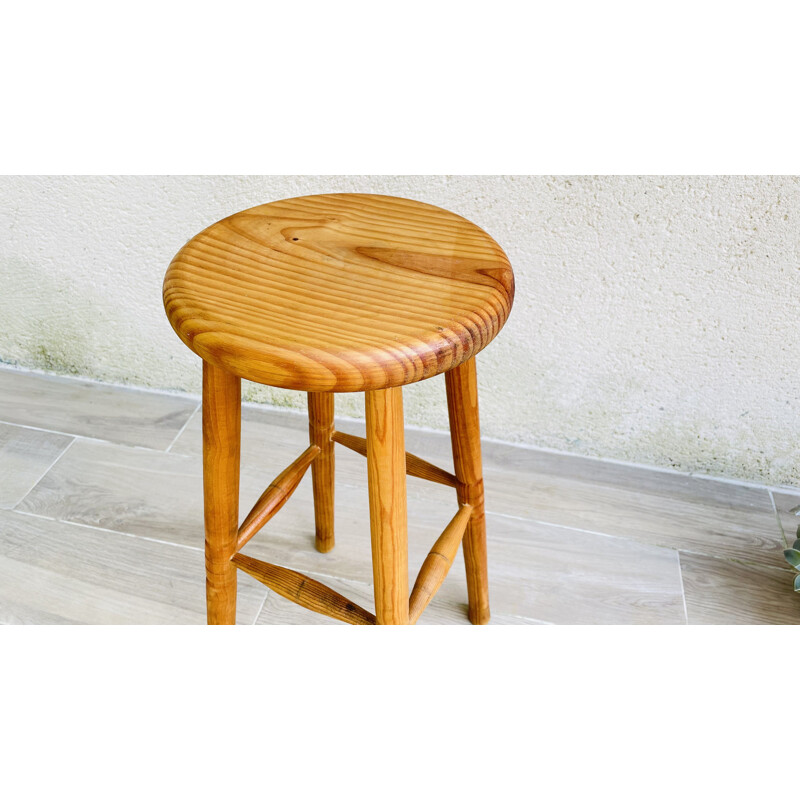 Tabouret haut vintage en bois tourné, 1970-1980