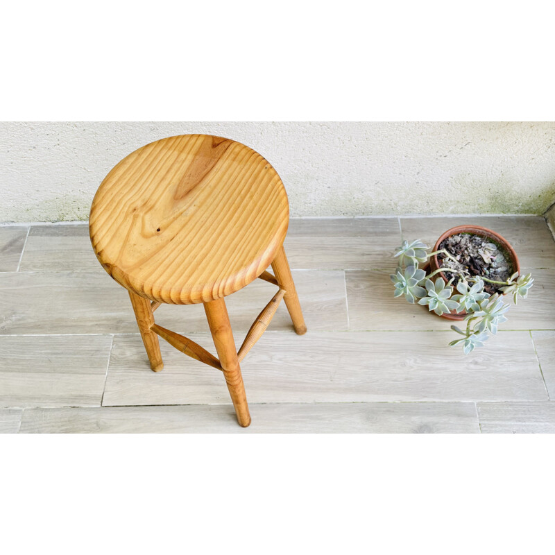 Vintage high stool in turned wood, 1970-1980
