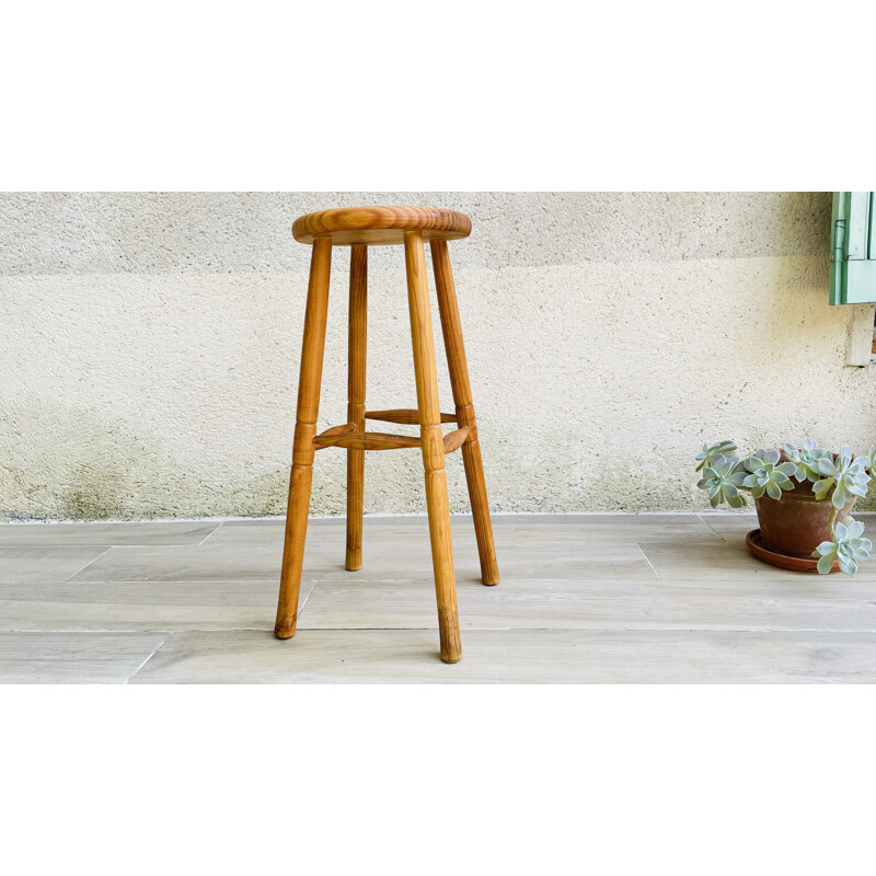 Vintage high stool in turned wood, 1970-1980