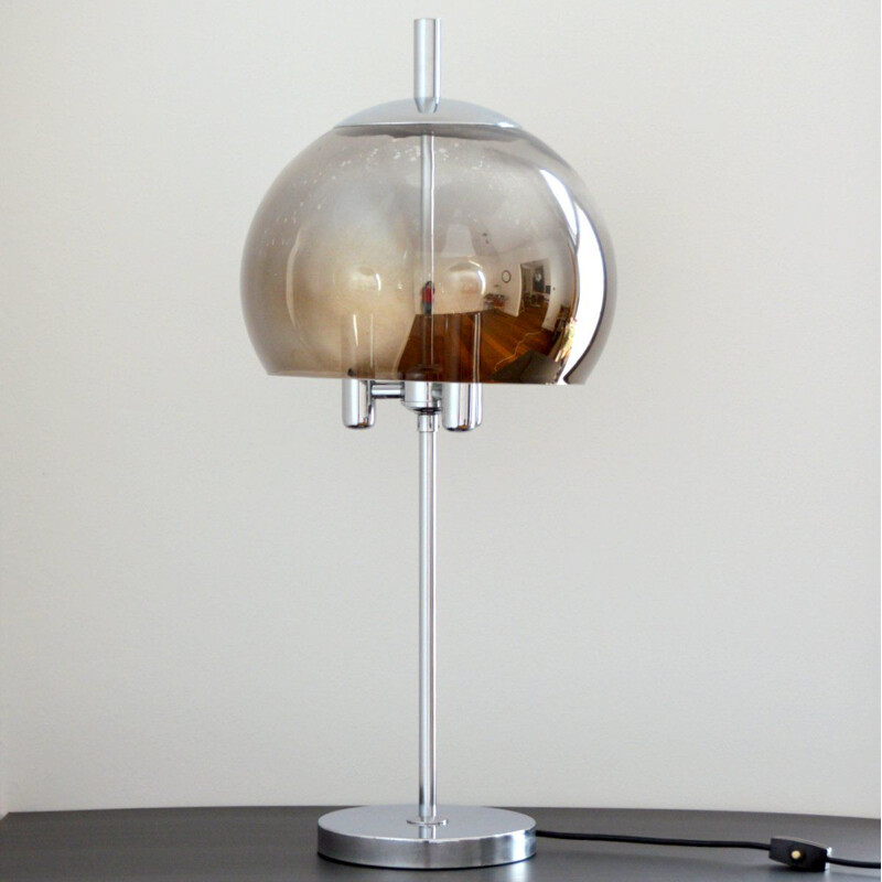 Vintage table lamp in smoked and chromed glass by Doria Leuchten, Germany 1960