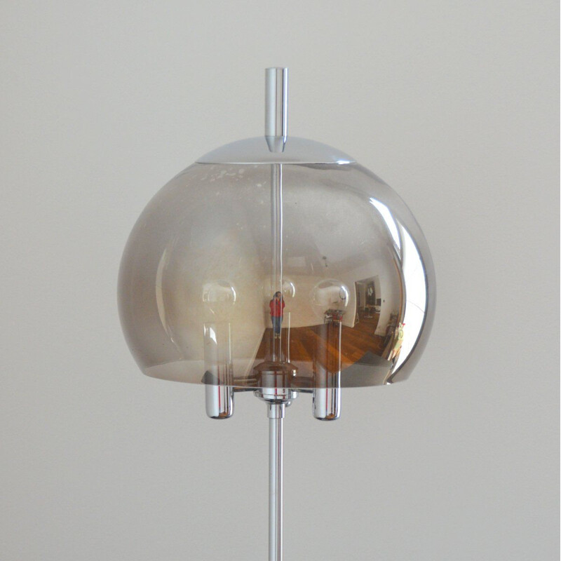 Vintage table lamp in smoked and chromed glass by Doria Leuchten, Germany 1960