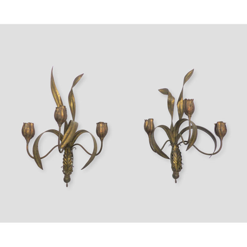 Pair of vintage gilded iron wall lamps with foliage