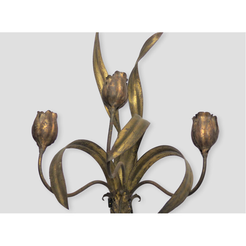 Pair of vintage gilded iron wall lamps with foliage