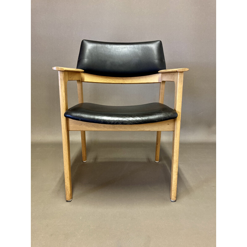 Scandinavian vintage black leather and oakwood armchair, 1950